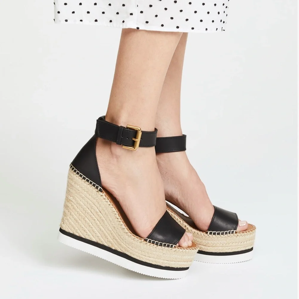 SEE BY CHLOÉ Glyn Wedge Espadrilles Black Leather sandals - Picture 1 of 12